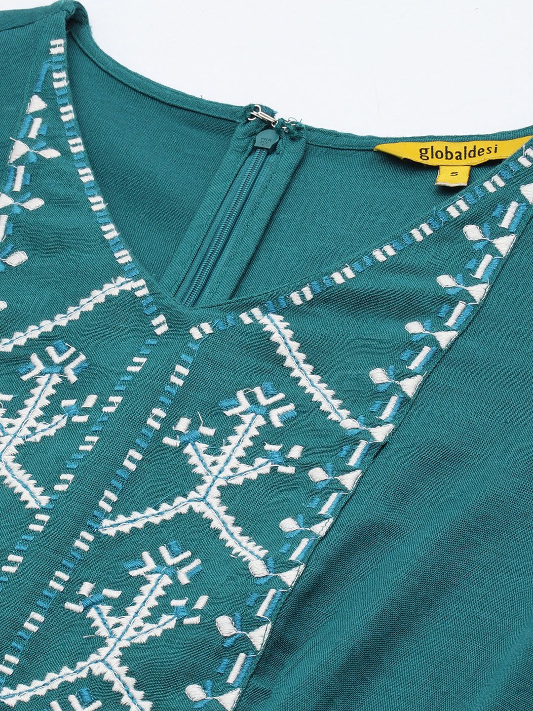 Global Desi Teal & White Embroidered Basic Jumpsuit With Waist Tie Up