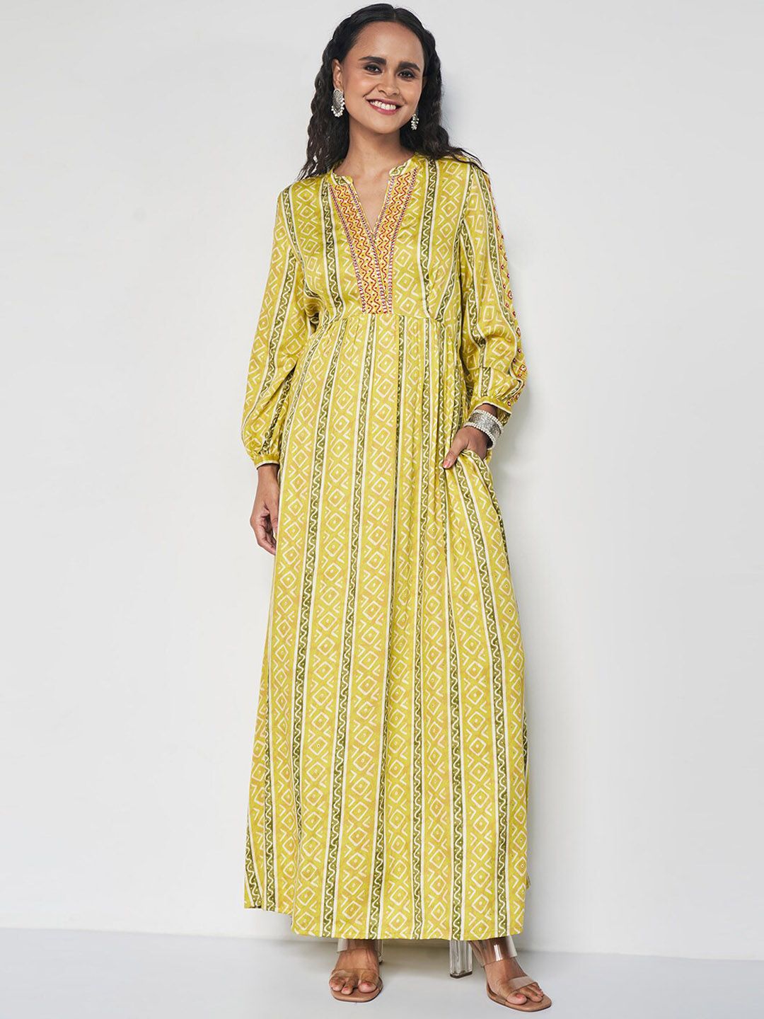Global Desi Ethnic Motifs Printed Mandarin Collar Cuffed Sleeves Maxi Ethnic Dress