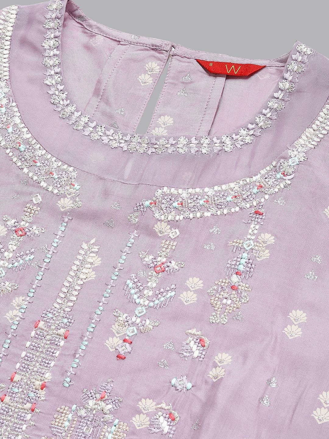 W Women Lavender Ethnic Motifs Embroidered Thread Work Kurta
