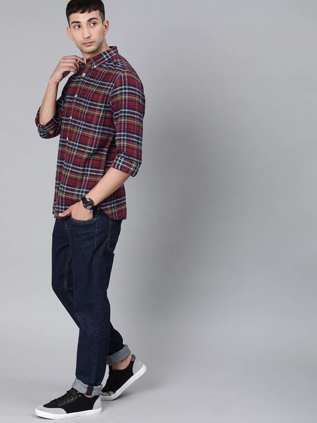 THE BEAR HOUSE Men Maroon & Navy Blue Slim Fit Checked Flannel Casual Shirt