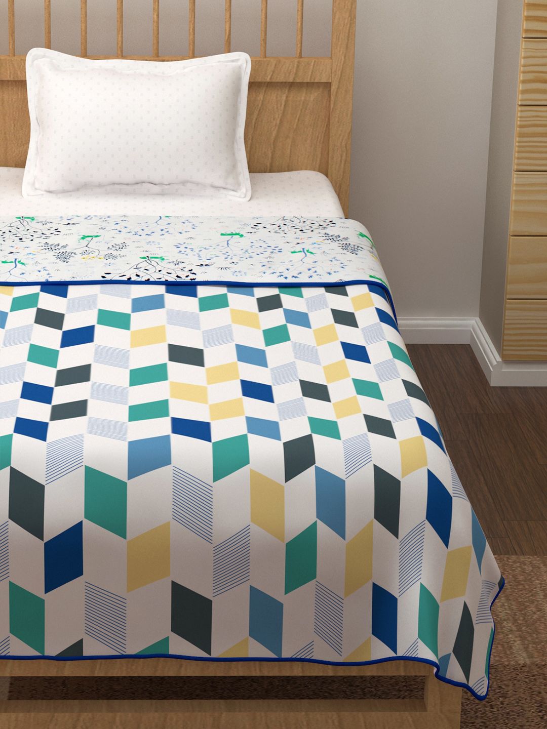 Story@home White & Blue Geometric Cotton AC Room 150 GSM Reversible Single Bed Dohar