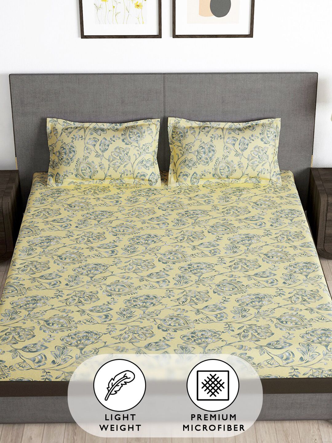 Story@home Cream & Grey Floral 180 TC Queen Bedsheet with 2 Pillow Covers