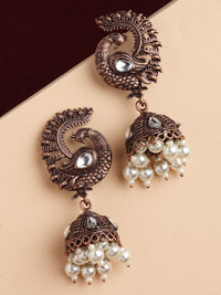PANASH Antik Antik Saduran Tembaga Peacock Jhumka Anting dengan Kundan dan Titisan Mutiara