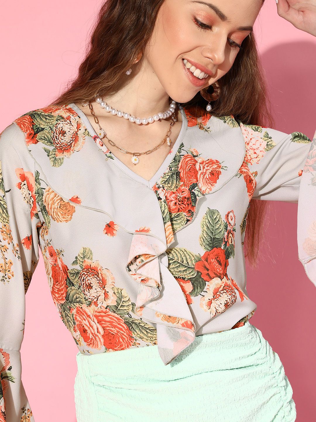 SASSAFRAS Grey & Red Floral Print Ruffles Crop Top
