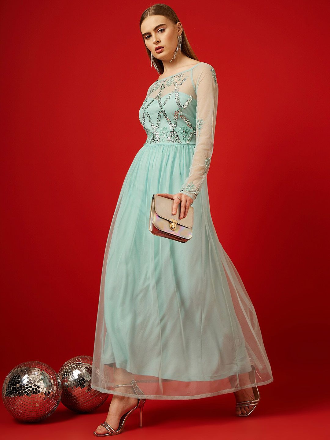 STREET 9 Turquoise Blue Embellished Net Maxi Dress