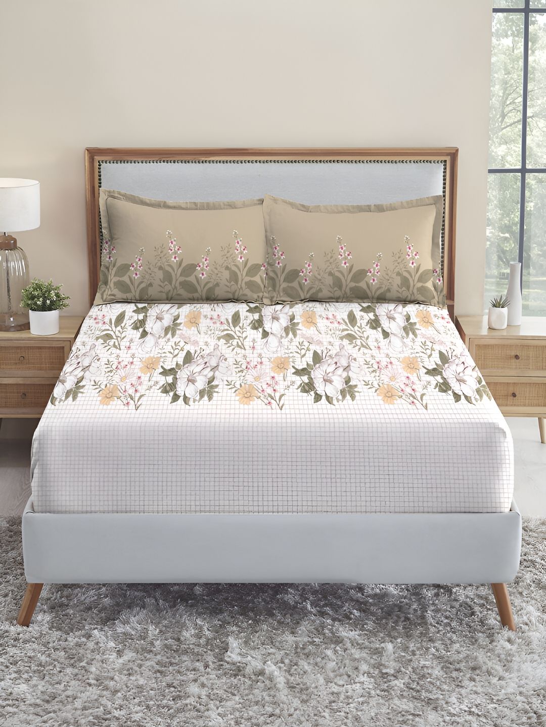 MYTRIDENT White & Green Floral 210 TC Pure Cotton Fitted King Bedsheet with 2 Pillow Covers