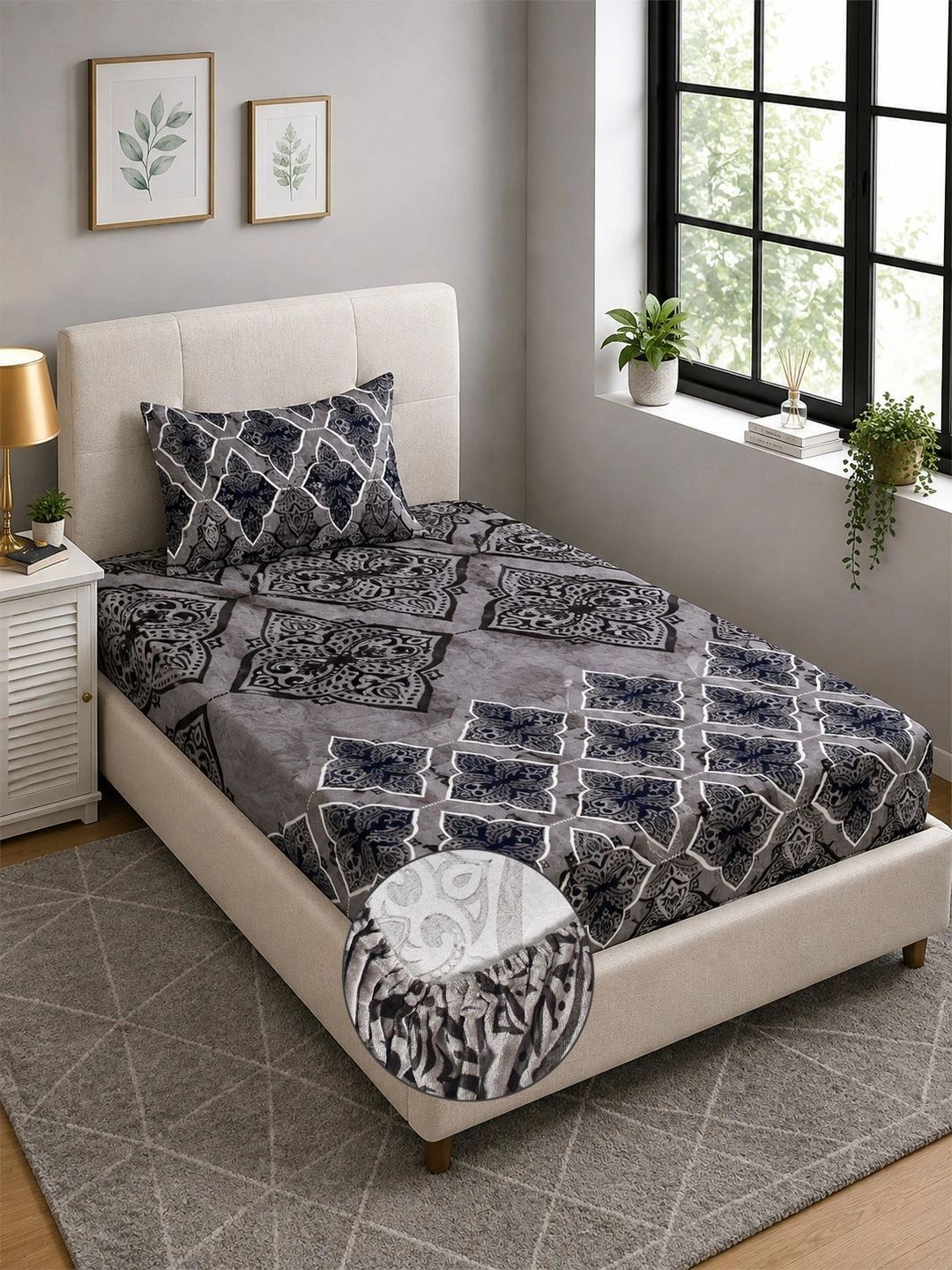 Moda Rapido X KLOTTHE Brown & Grey Geometric 300 TC Single Bedsheet with 1 Pillow Covers
