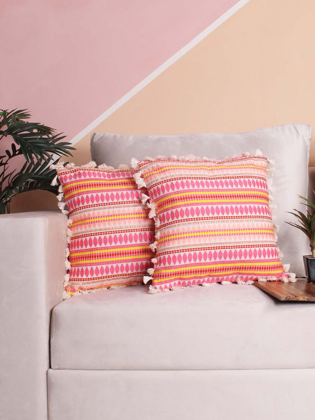 STITCHNEST Fuchsia Pink & White 2 Pcs Embroidered Velvet Square Cushion Covers