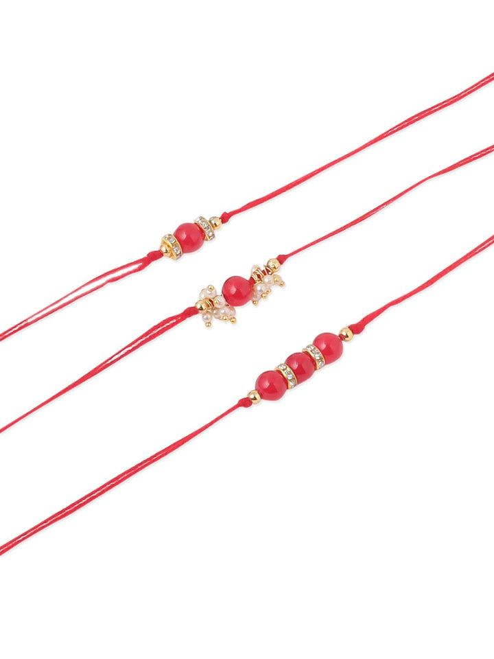 NVR Unisex Set of 3 Artificial Beads & Pearls Thread Rakhi with Roli Chawal Chandan Mishri