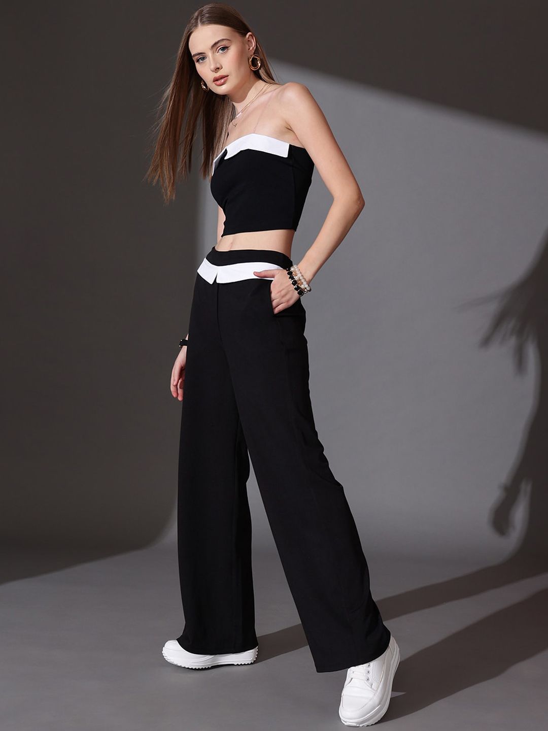 STREET 9 Solid Off Shoulder Top With Flared Trousers Co-Ords