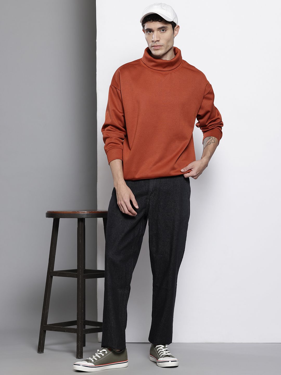 The Indian Garage Co Self Design Turtle Neck Drop-Shoulder Sleeves Sweatshirt