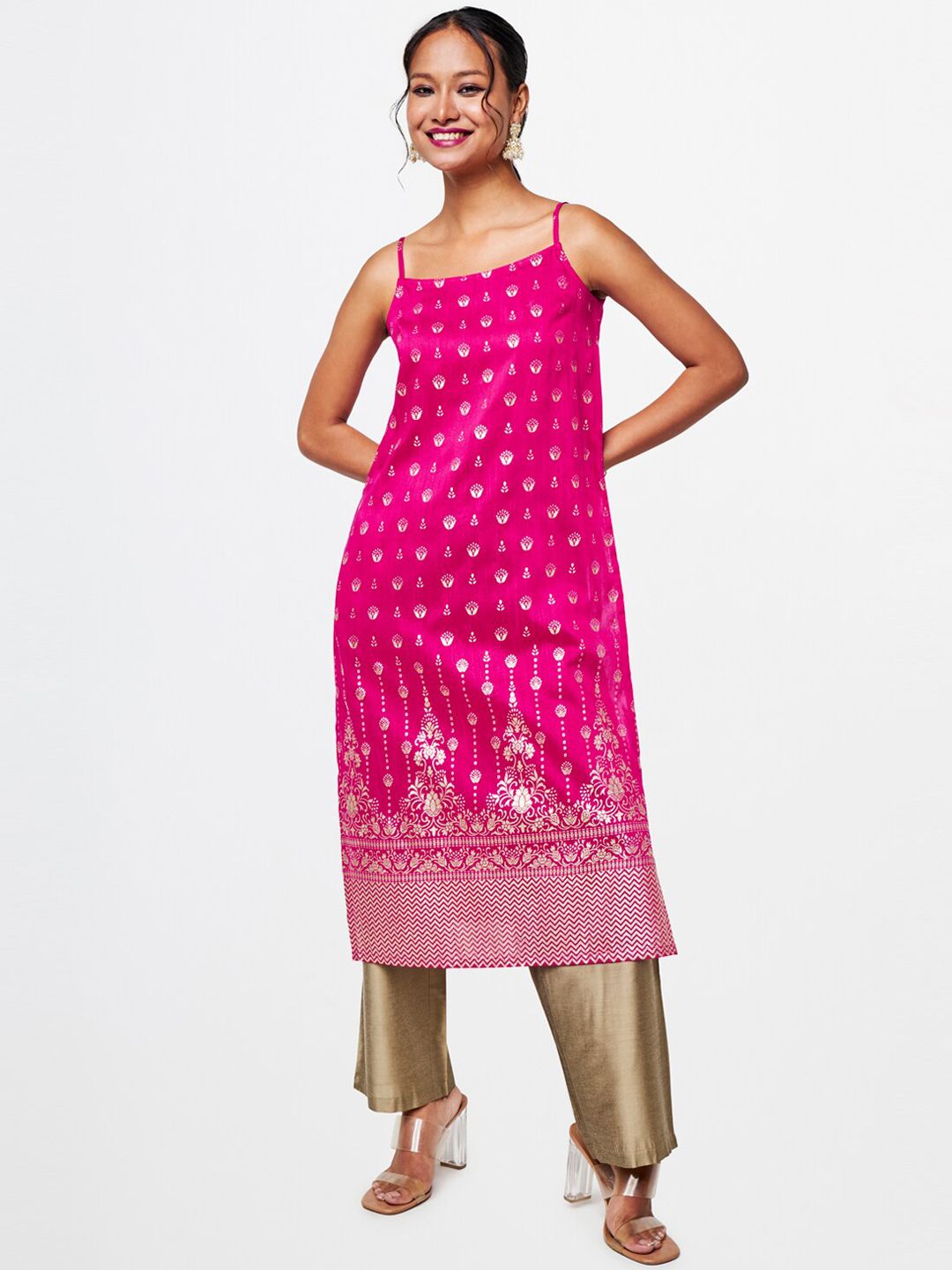 Global Desi Floral Printed Thread Work Kurta