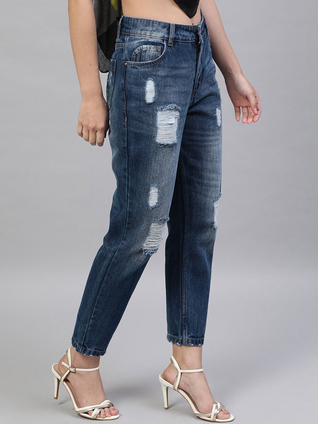 STREET 9 Women Blue Relaxed Fit Mid-Rise Highly Distressed Jeans