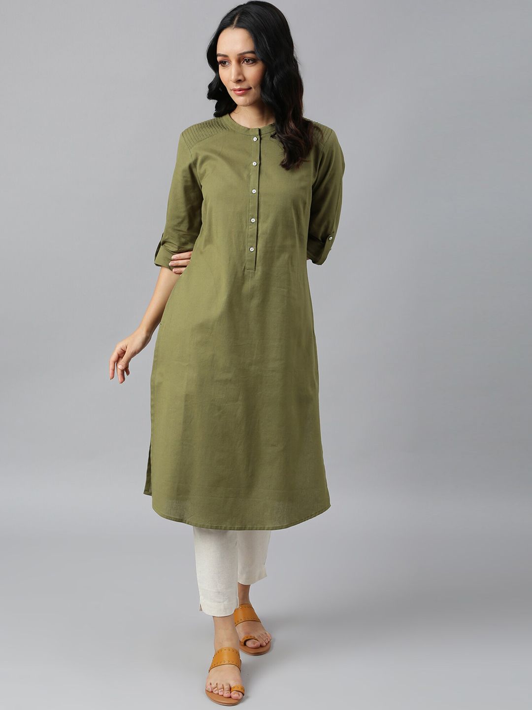W Women Green Straight Pathani Kurta