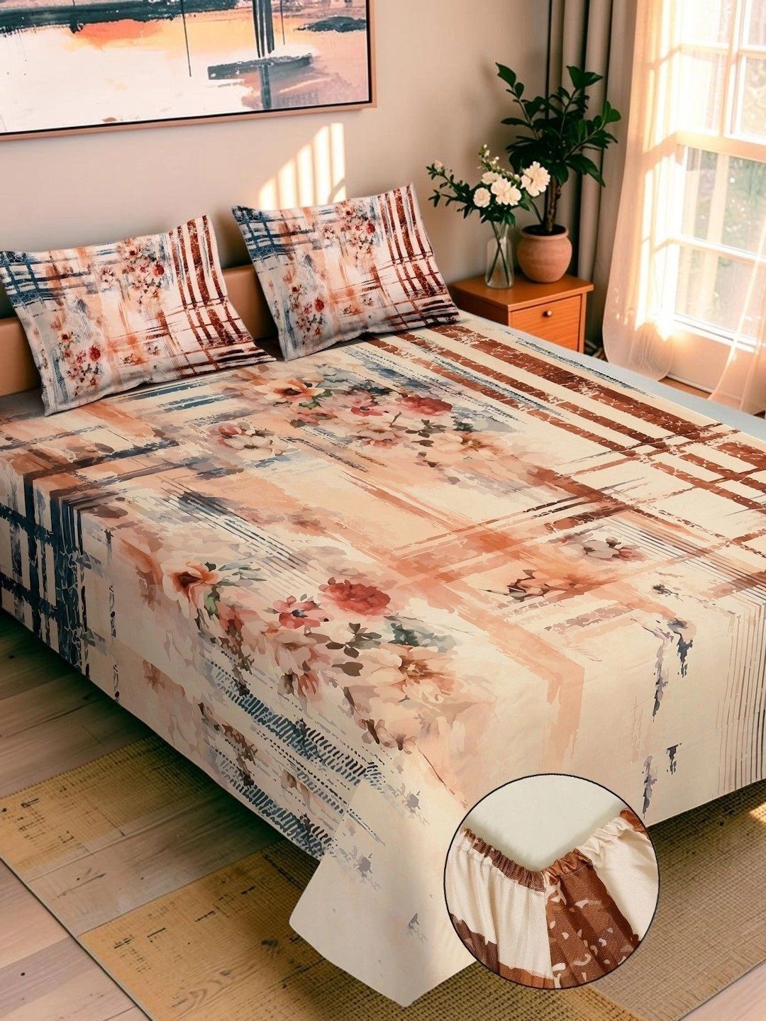 Moda Rapido X KLOTTHE Berwarna Krim & Coklat Bunga 400 TC Cadar King dengan 2 Sarung Bantal