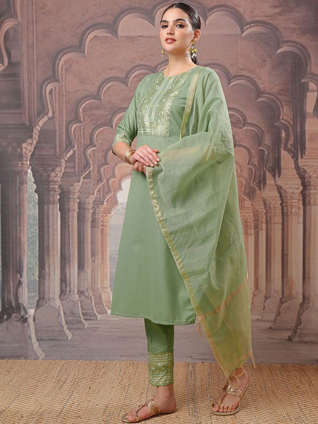 Vishudh Ethnic Motifs Yoke Design Regular Kurta with Trouser & Dupatta