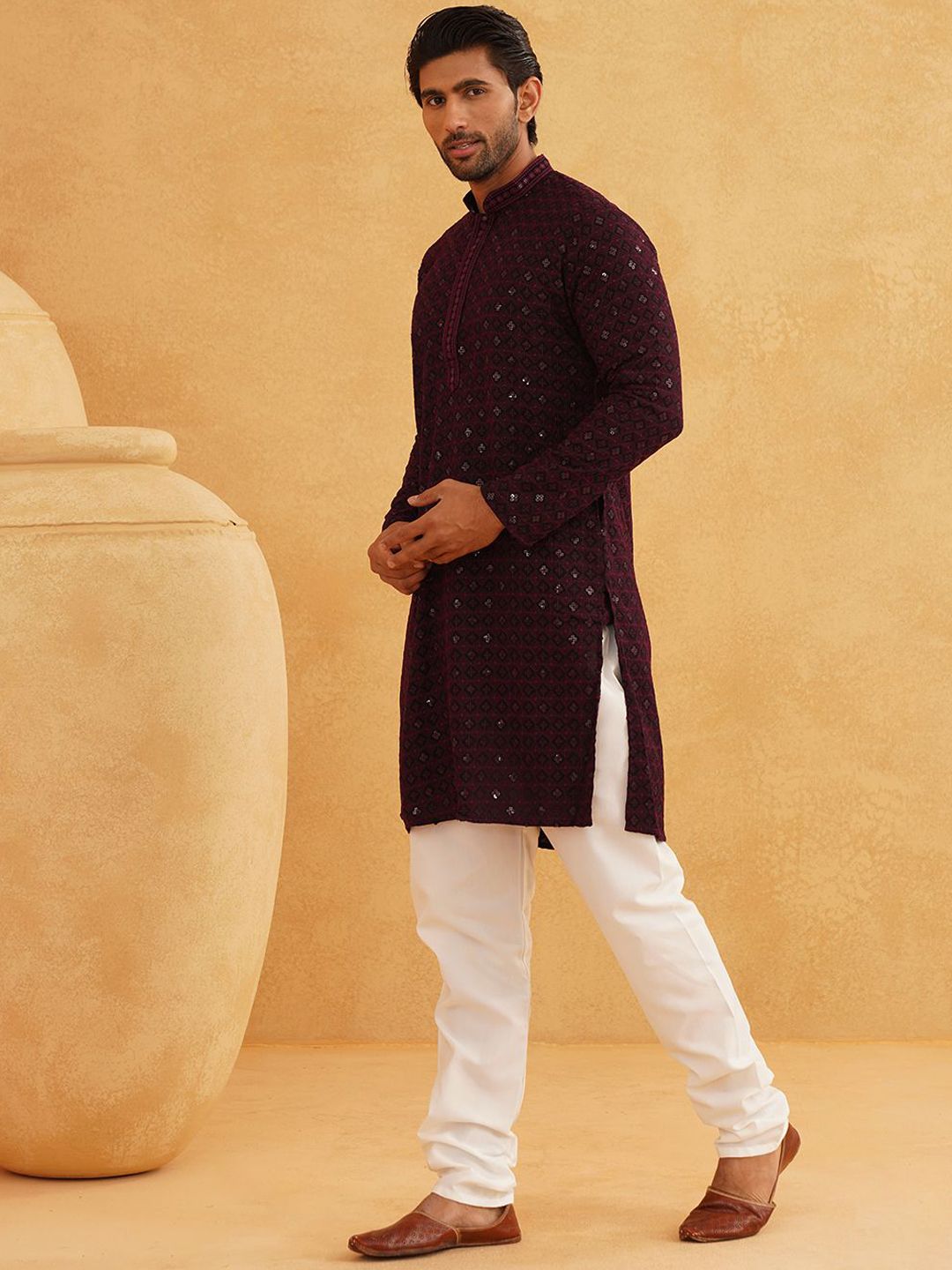 SOJANYA Geometric Embroidered Regular Sequinned Pure Cotton Kurta With Churidar