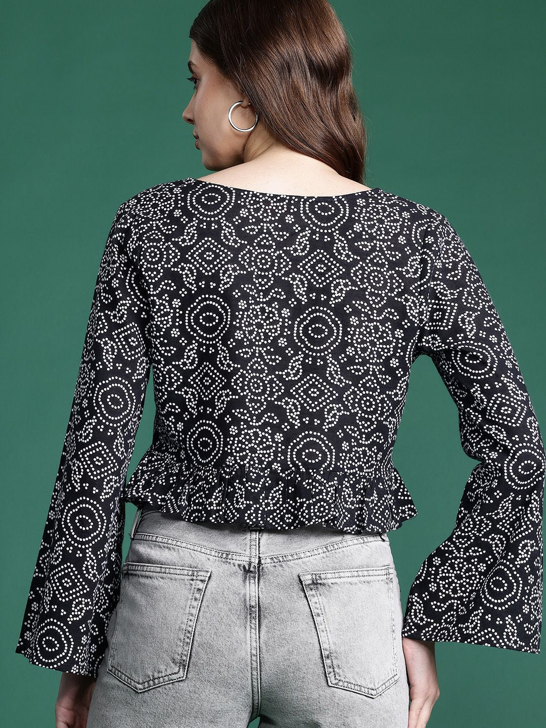 DressBerry Printed Flared Sleeve Cotton Front Tie-Ups Crop Top