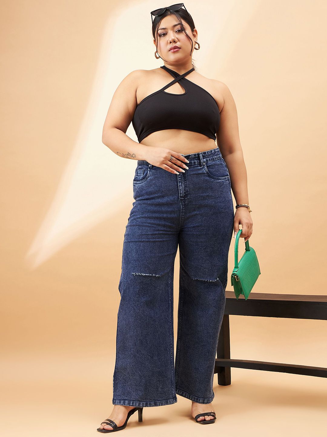 SASSAFRAS Curve Women Plus Size Comfort High-Rise Slash Knee Stretchable Jeans