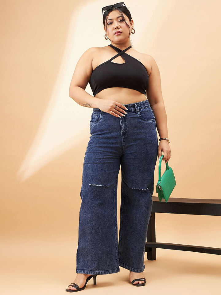 SASSAFRAS Curve Women Plus Size Comfort High-Rise Slash Knee Stretchable Jeans