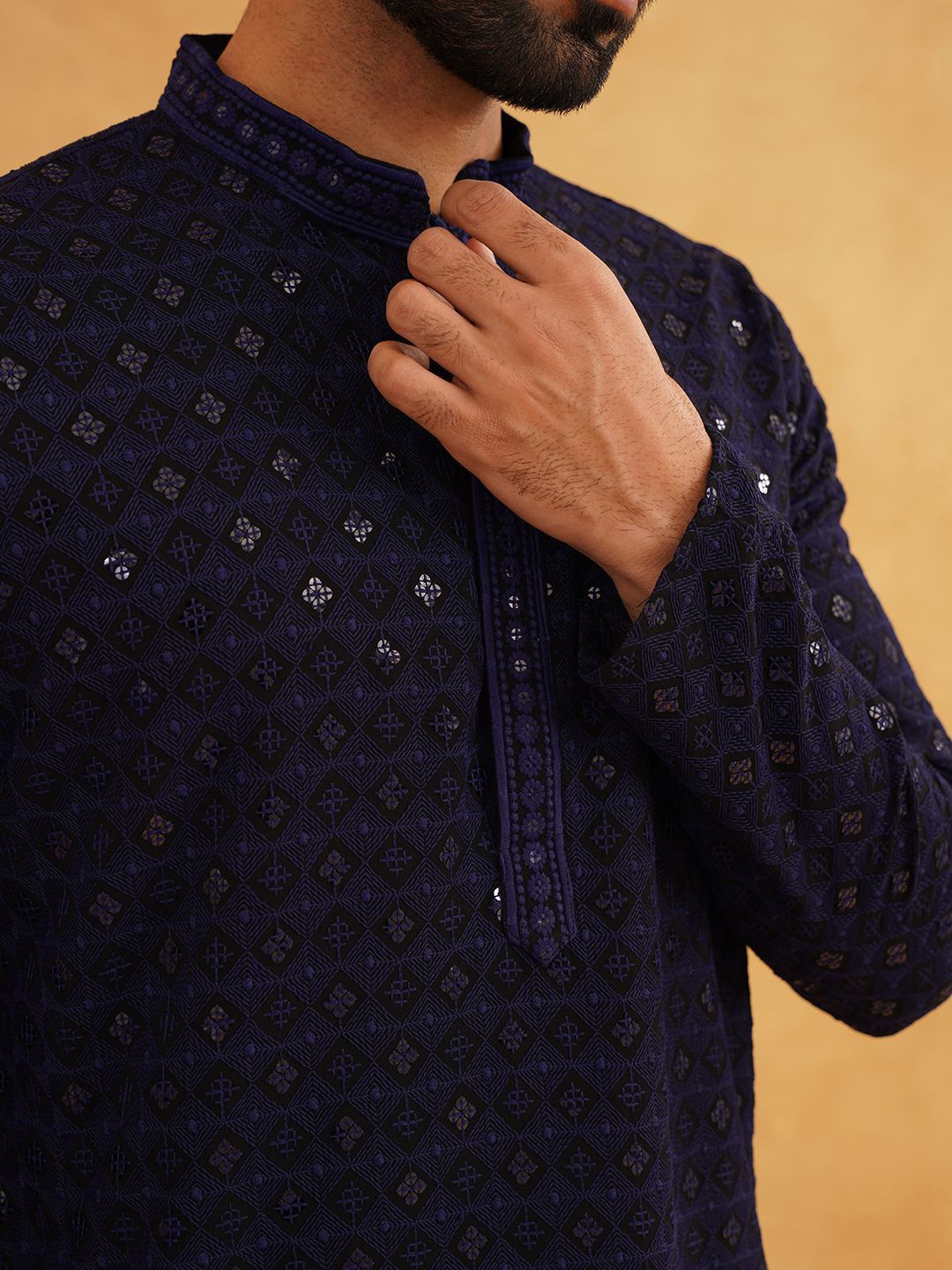 SOJANYA Geometric Embroidered Mandarin Collar Sequinned Pure Cotton Kurta with Churidar