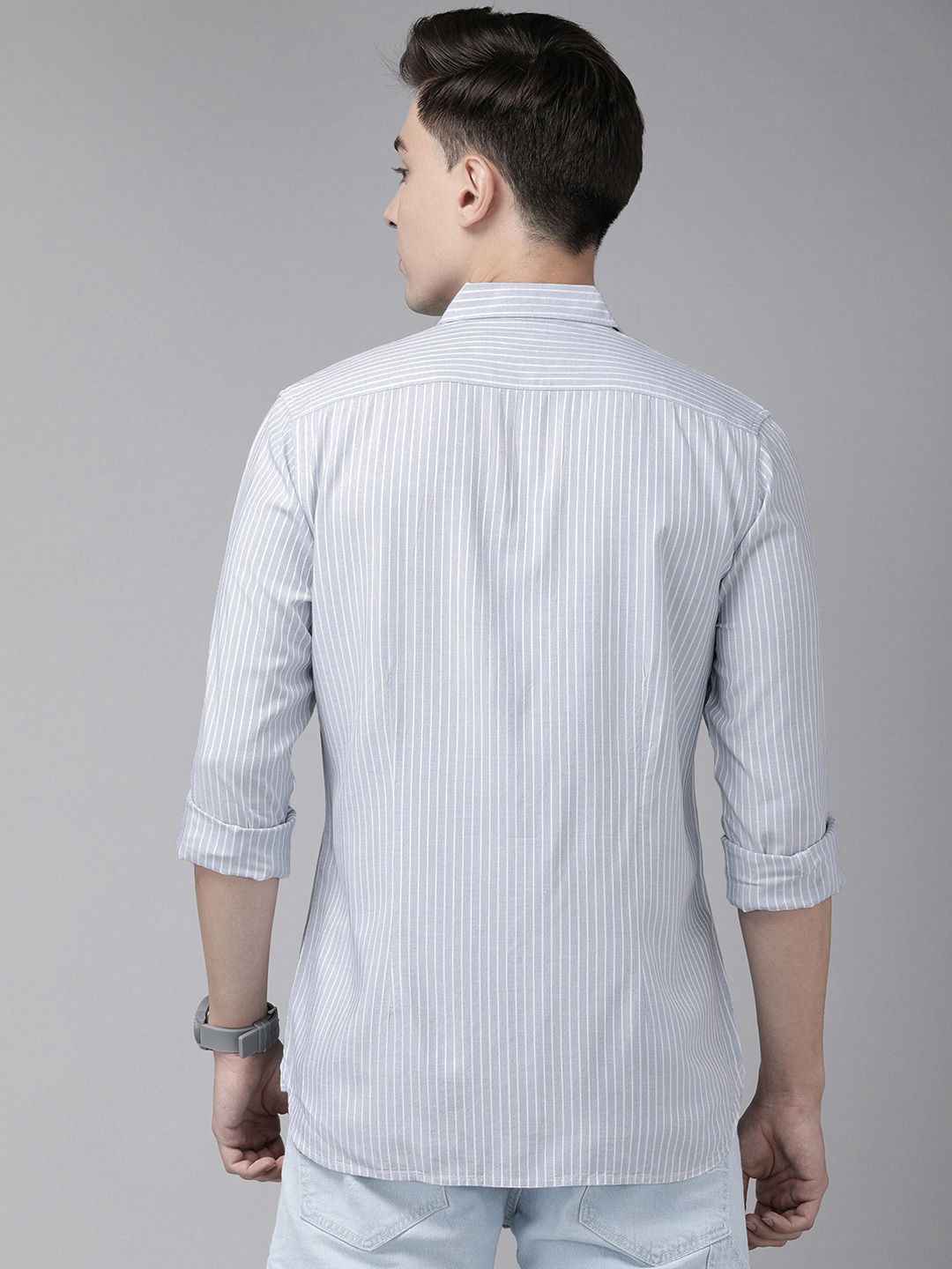 THE BEAR HOUSE Men Blue & White Classic Slim Fit Striped Pure Cotton Casual Shirt