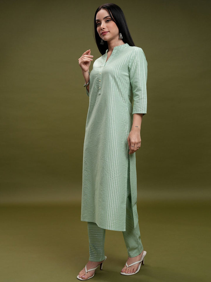 Vishudh Green Striped Mandarin Collar Pure Cotton Straight Kurta With Trousers