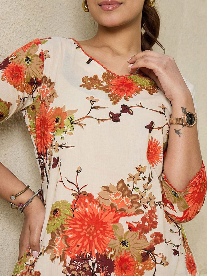 Indo Era Floral Printed V-Neck Pure Cotton Straight Kurta with Trousers