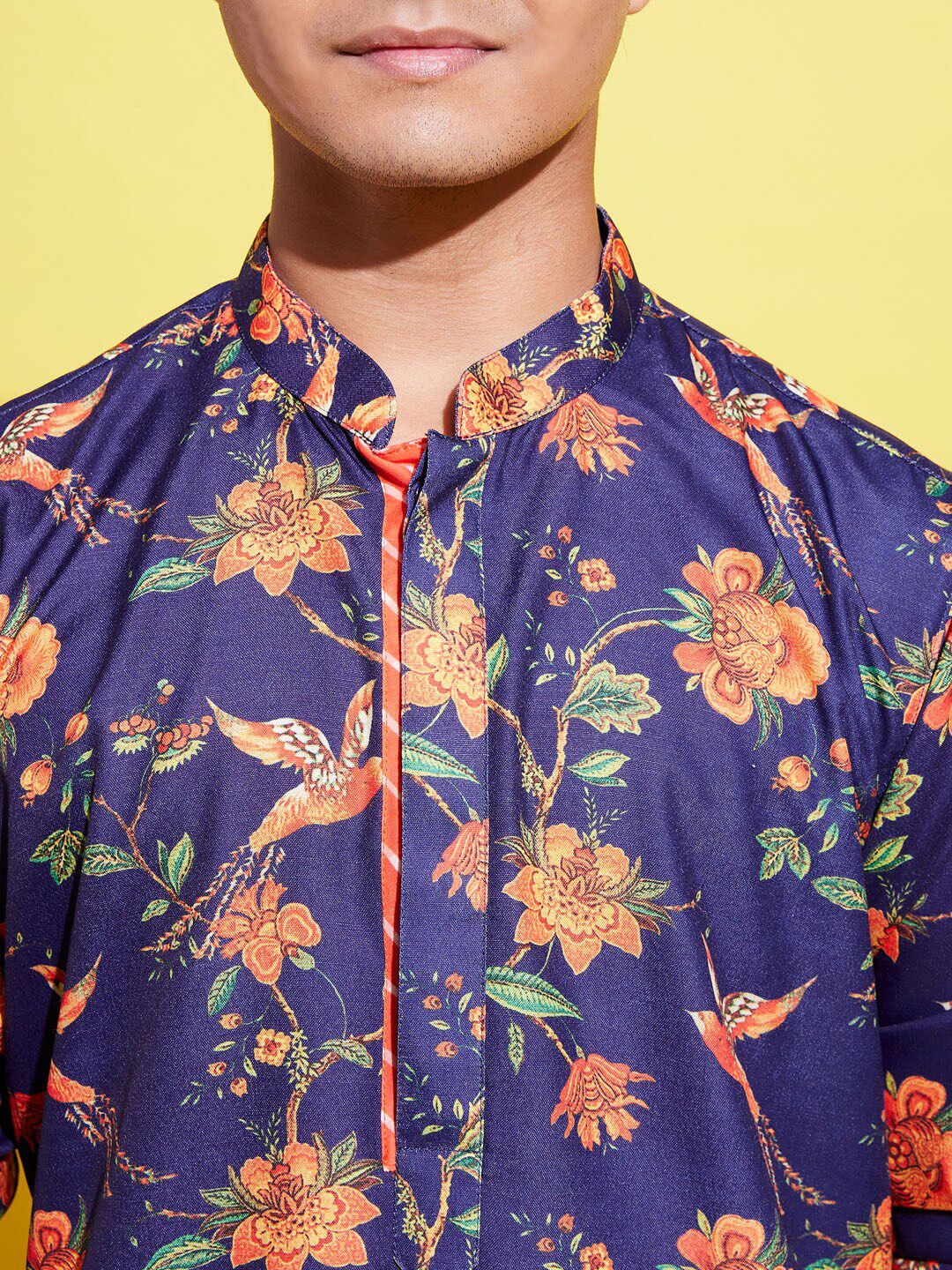 VASTRAMAY Boys Navy Blue Floral Printed Gotta Patti Kurta with Pyjamas