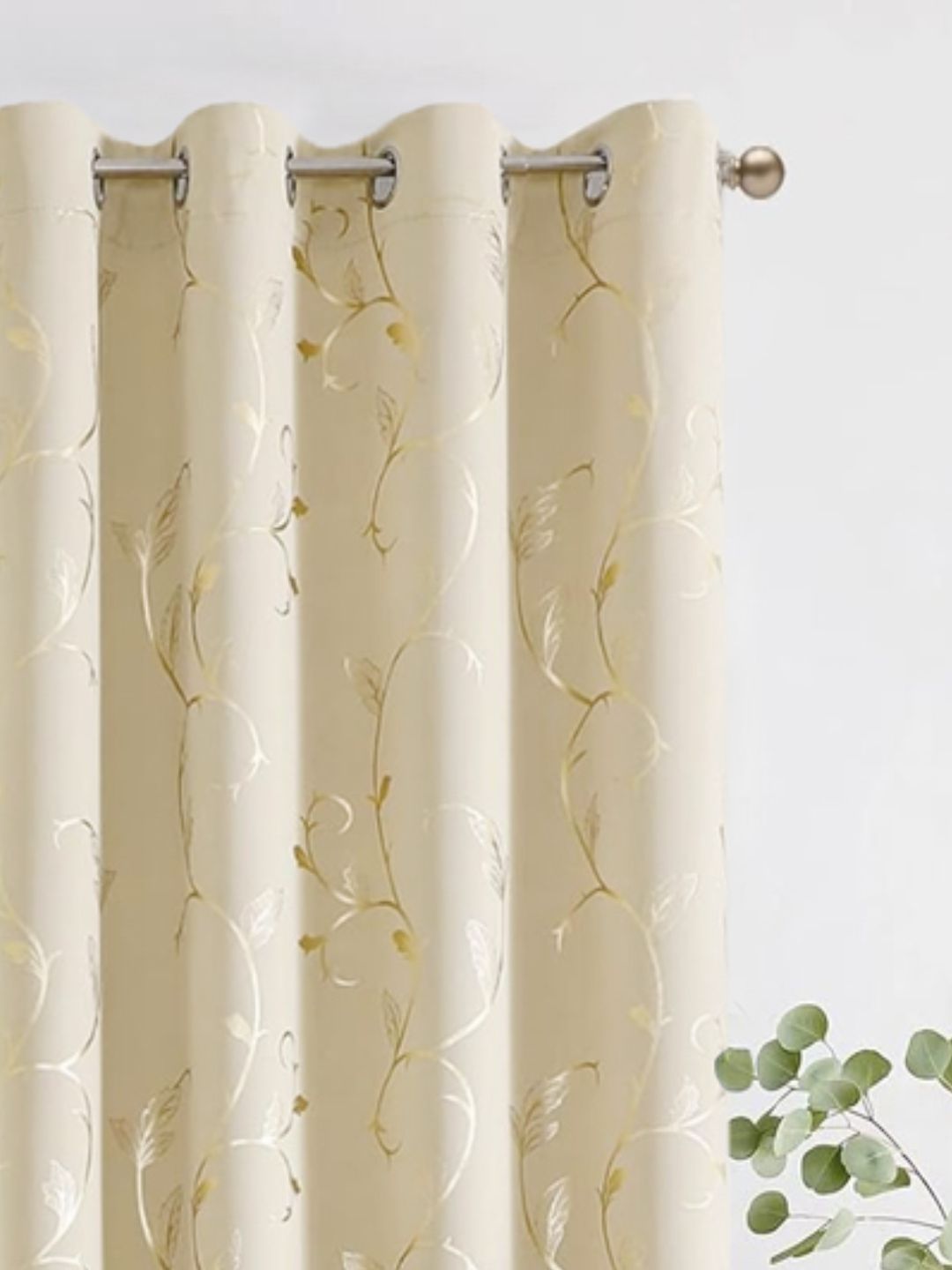 URBAN SPACE Beige & Yellow Floral Printed Black Out Door Curtain
