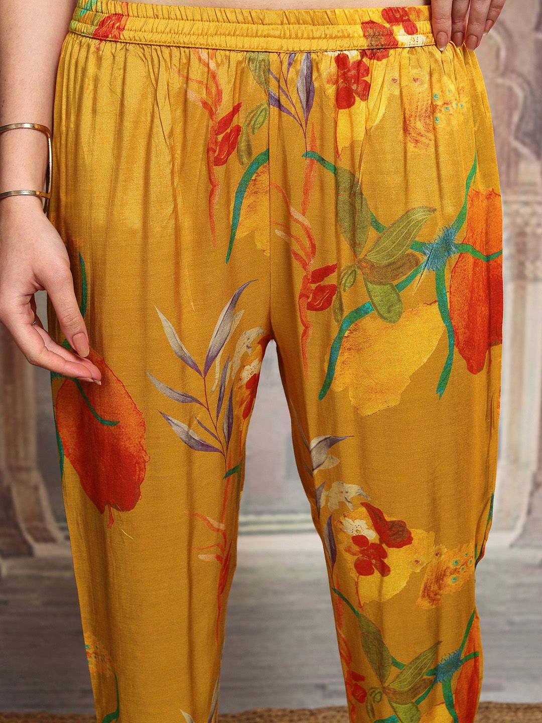 Vishudh Mustard Yellow & Red Floral Printed Straight Kurta with Trousers