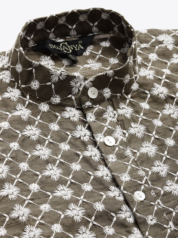 SOJANYA Men Olive Ethnic Motifs Embroidered Thread Work Kurta with Churidar