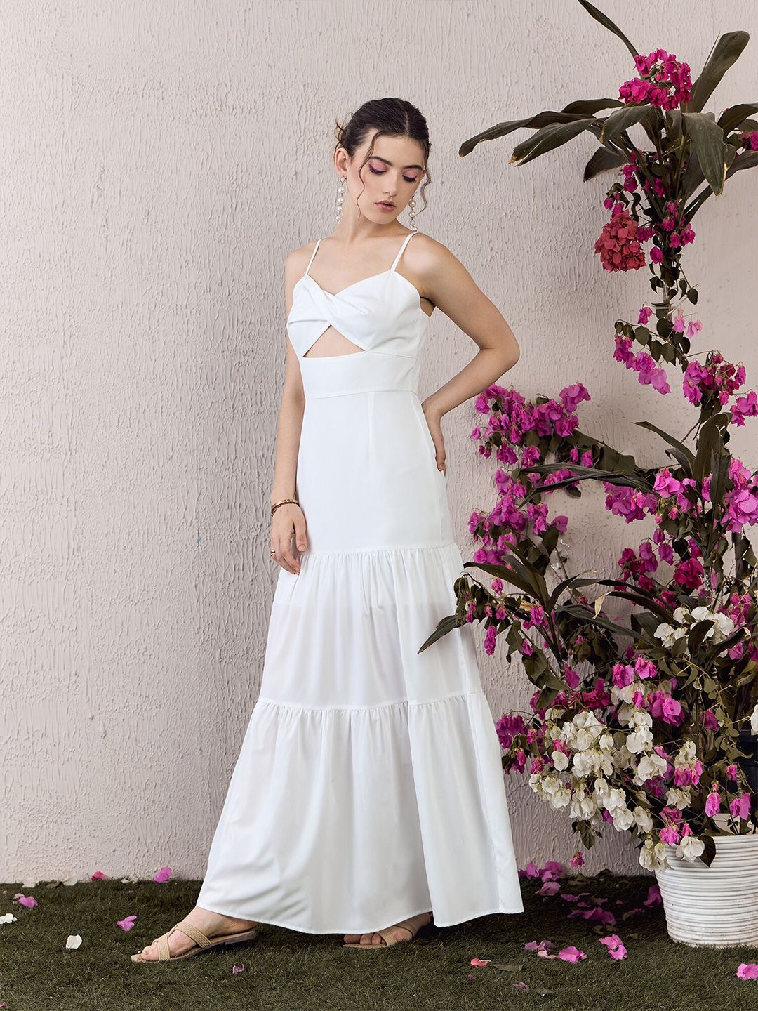 Berrylush White Self Design Ruffled Shoulder Straps Fit & Flare Maxi Dress