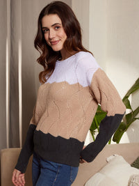Berrylush White & Brown Colourblocked Tound Neck Acrylic Pullover Sweater