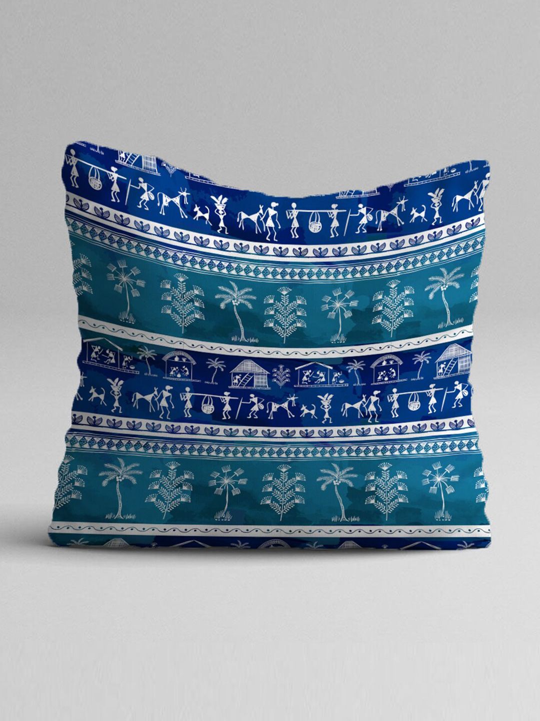 STITCHNEST Adults Blue & White Set of 5 Warli Motifs Square Cushion Covers