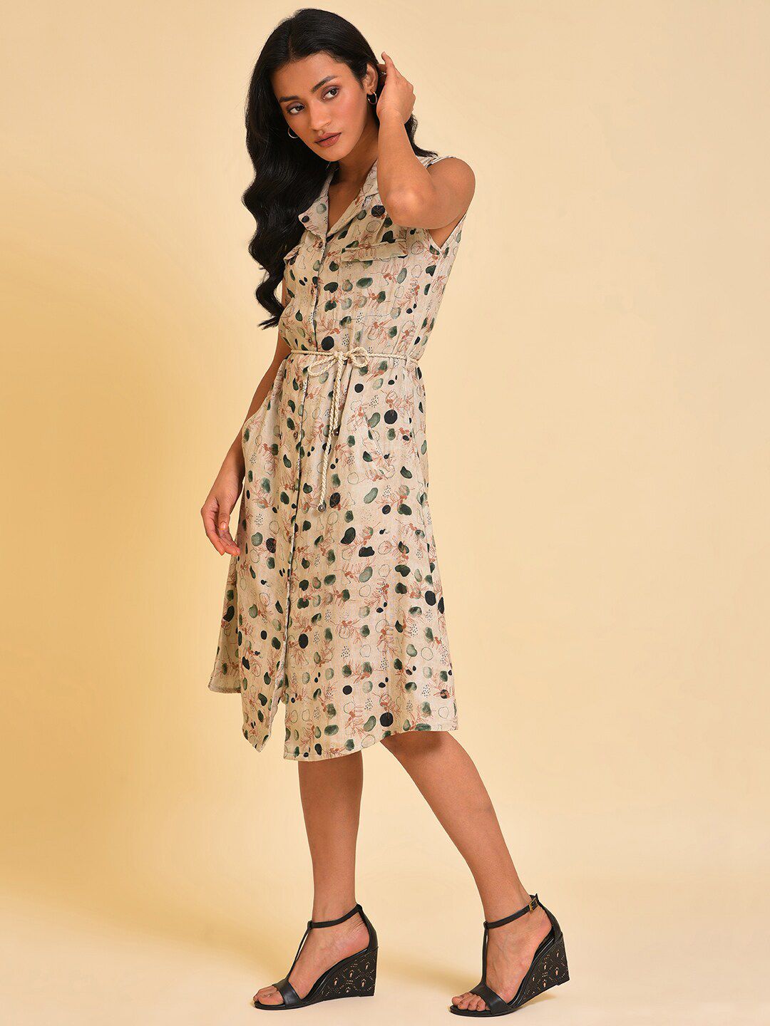 W Beige Abstract Printed Pure Cotton Shirt Style Dress