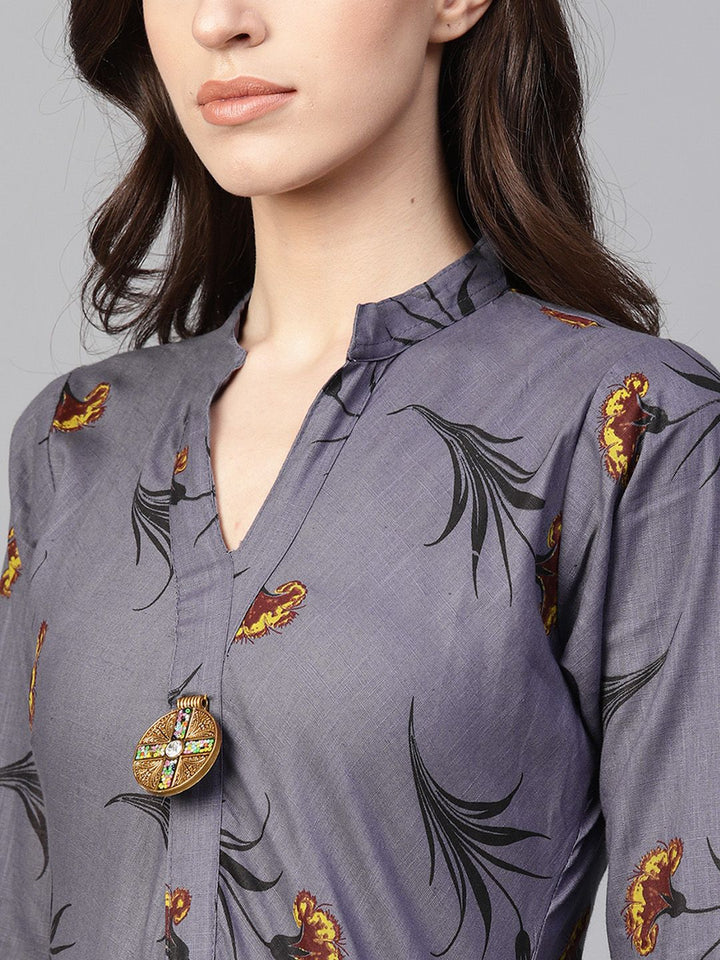 SOJANYA Kurta Bercetak A-Line Wanita Kelabu & Hitam