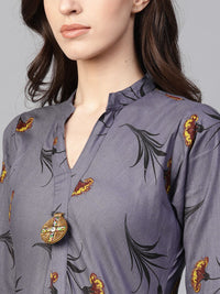 SOJANYA Kurta Bercetak A-Line Wanita Kelabu & Hitam
