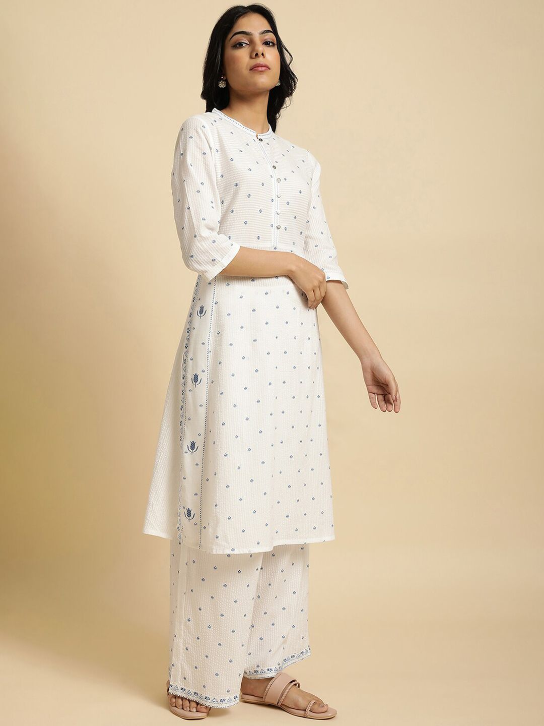 W Floral Print Cotton Kurta Set With Palazzos