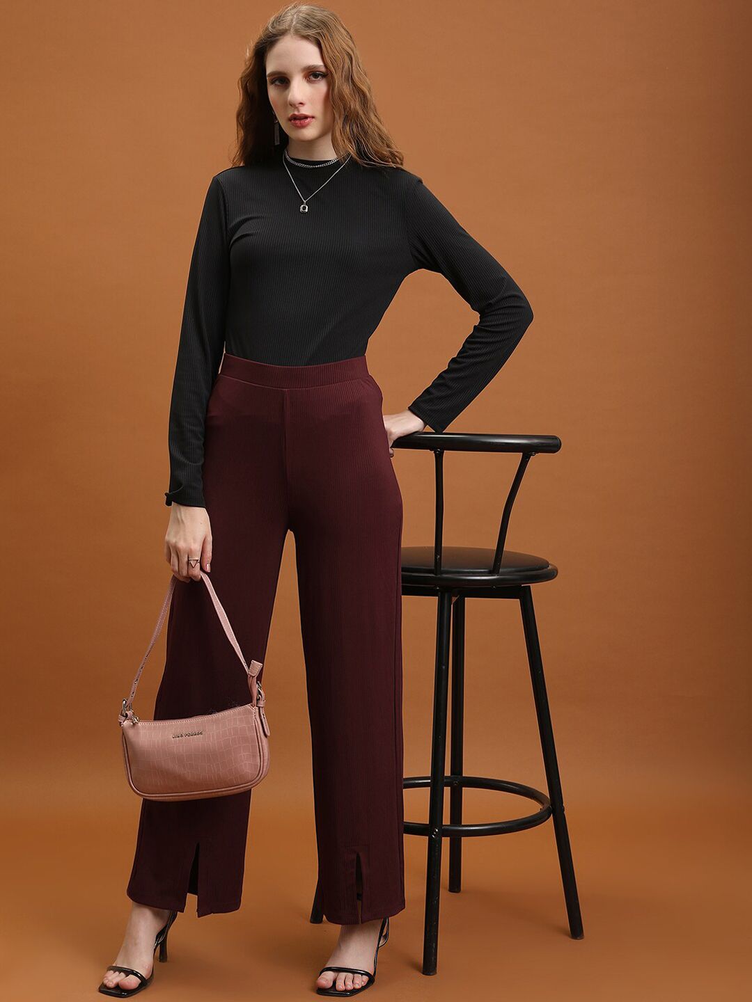 Tokyo Talkies Women Burgundy Flared Trousers