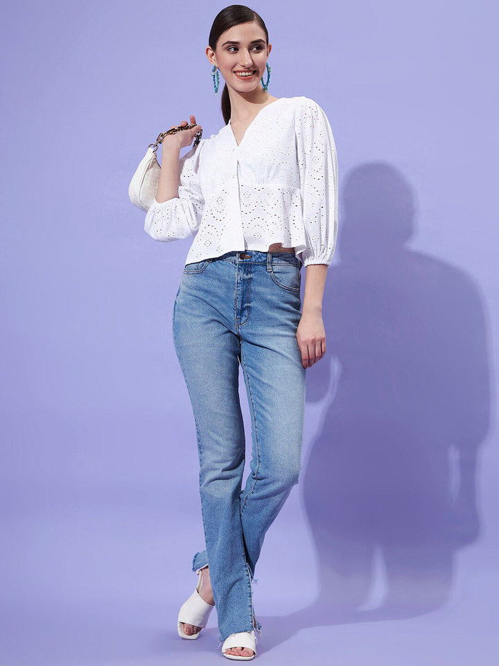 Athena V-Neck Puff Sleeves Schiffli Empire Top