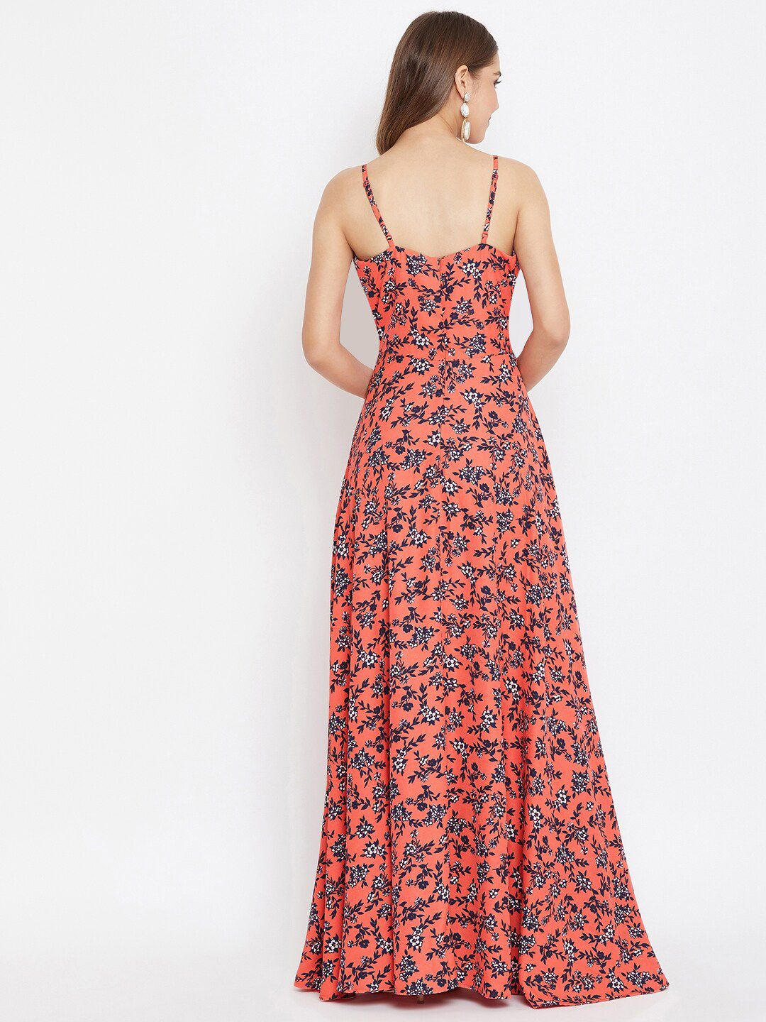 Berrylush Orange Floral Printed Maxi Dress