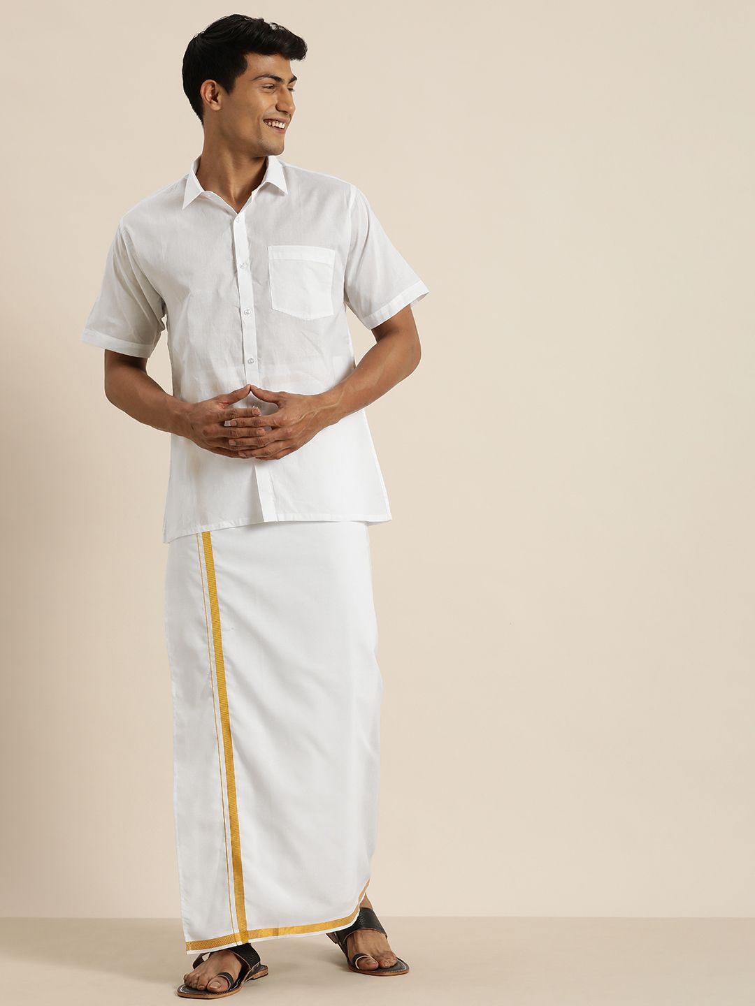 VASTRAMAY Men White & White Shirt with Dhoti