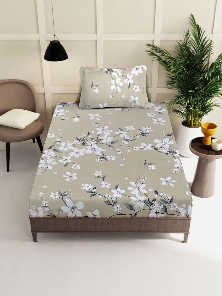 KLOTTHE Beige Printed Pure Cotton 130 GSM Single Bedsheet Set