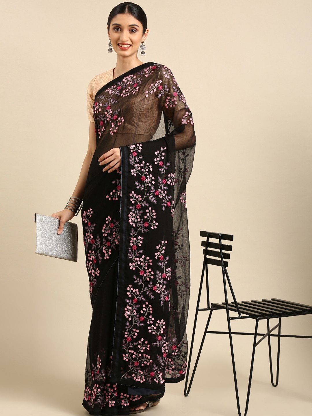 KALINI Floral Embroidered Pure Chiffon Saree