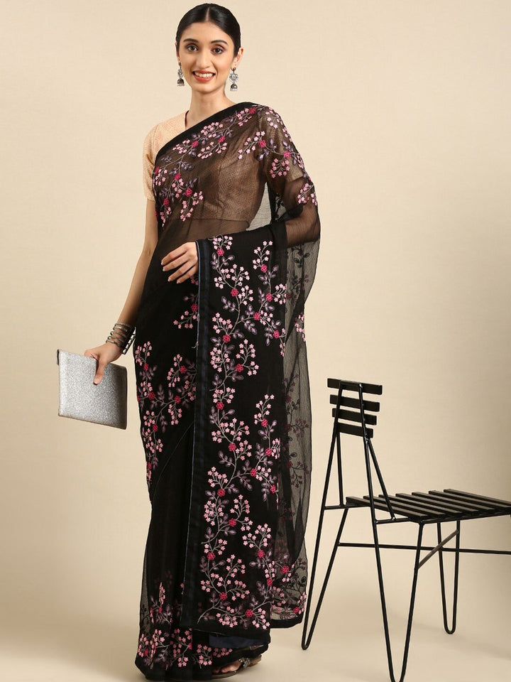 KALINI Floral Embroidered Pure Chiffon Saree