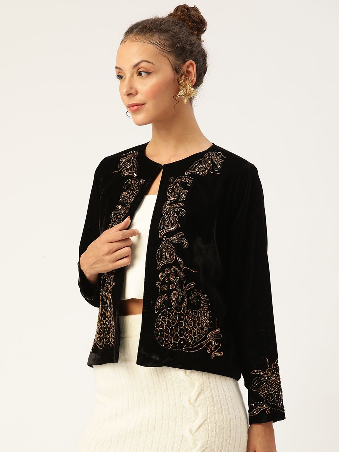 Antheaa Women Black Embroidered Velvet Finish Open Front Jacket