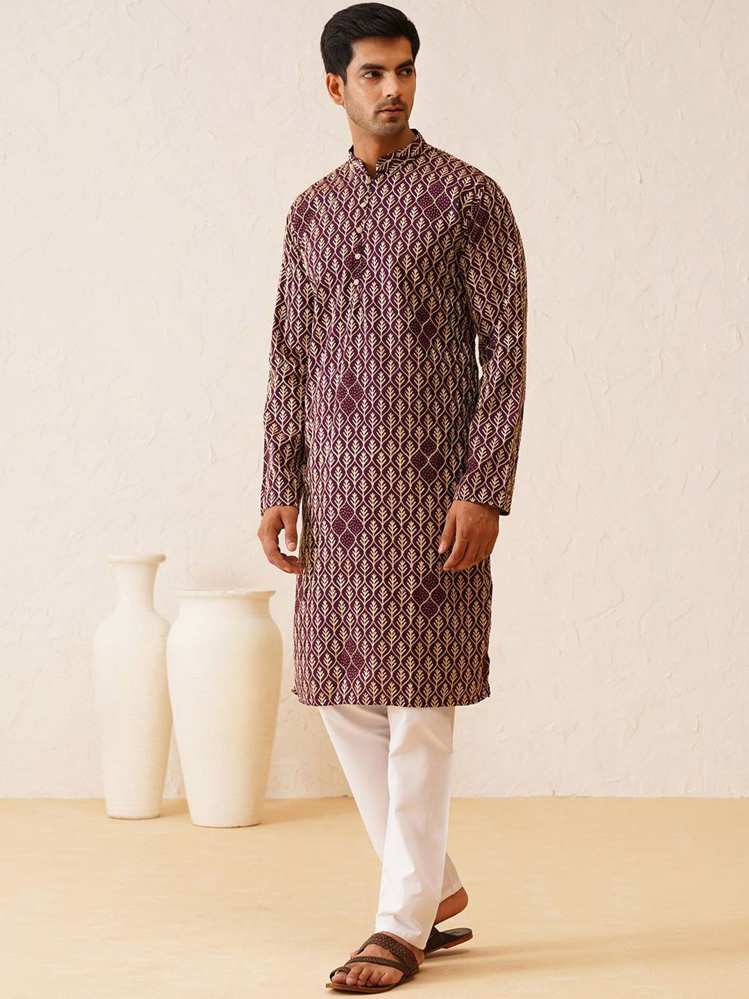 SOJANYA Mandarin Collar Ethnic Printed Pure Cotton Straight Kurta with Churidar