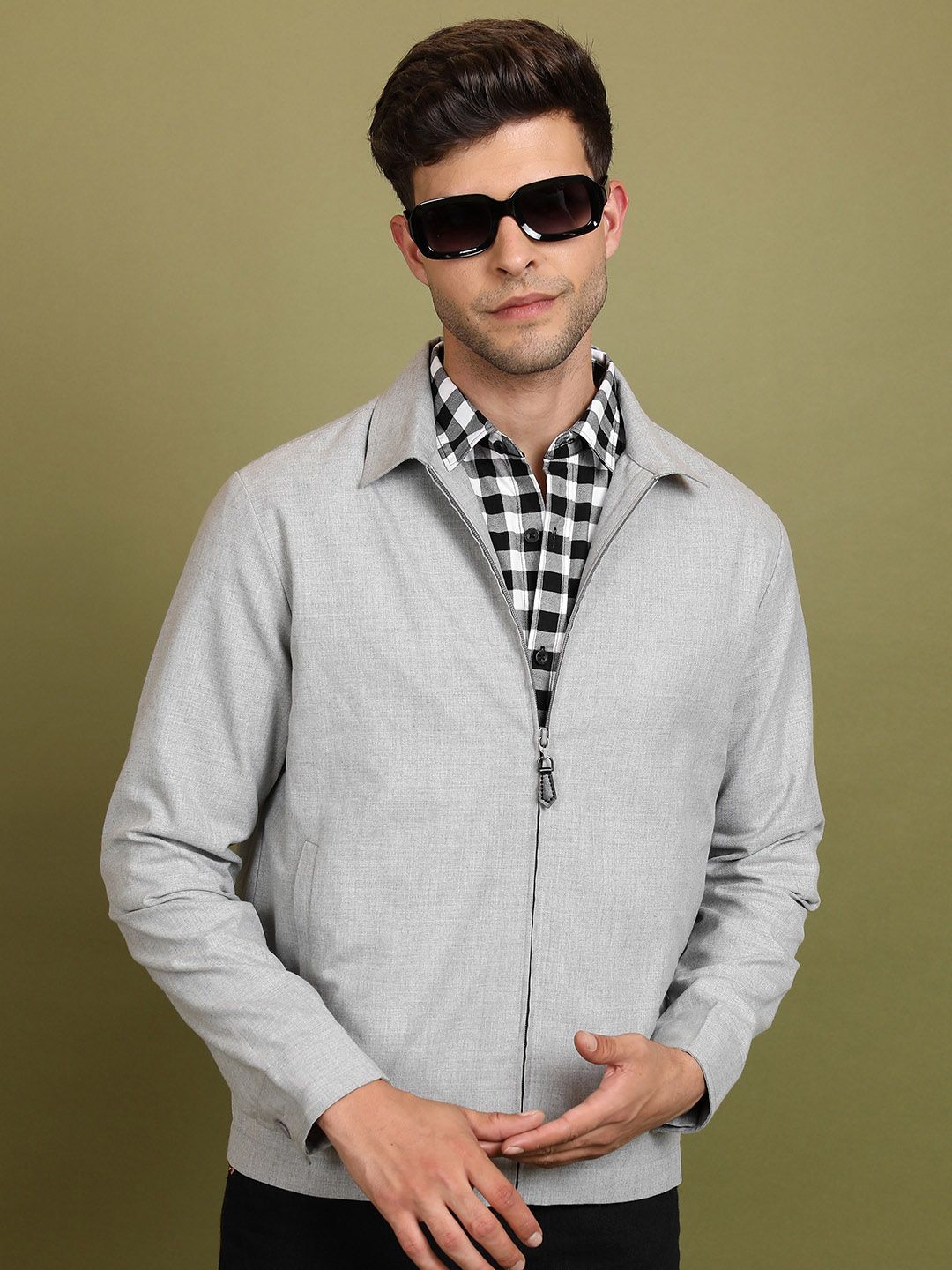HIGHLANDER Grey Spread Collar Long Sleeves Bomber Jacket