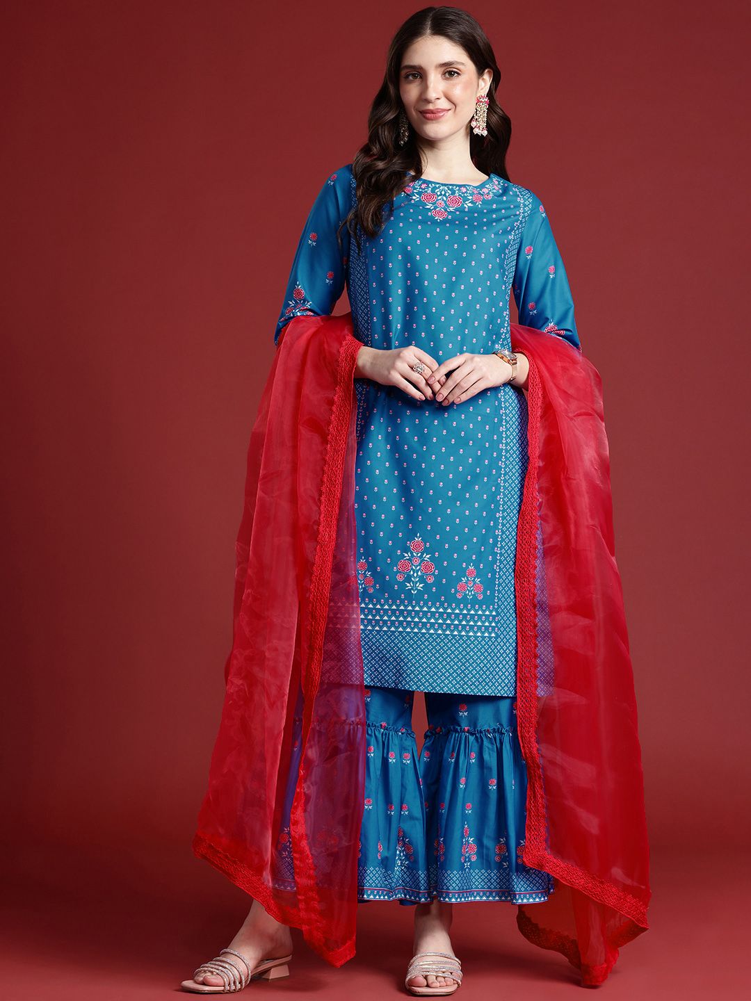 Anouk Women Floral Printed Regular Kurta With Sharara & Dupatta